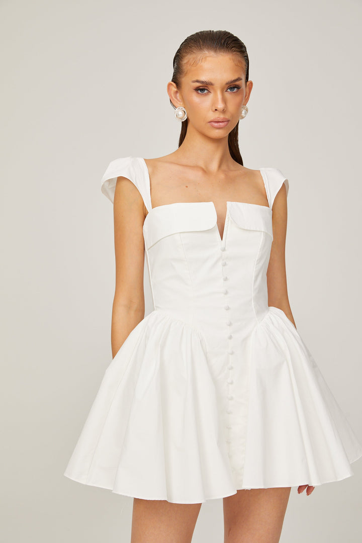 Julie white folded-neck bonded sleeveless mini dress - Celestia Couture
