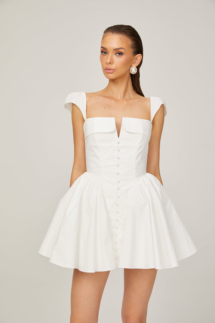 Julie white folded-neck bonded sleeveless mini dress - Celestia Couture