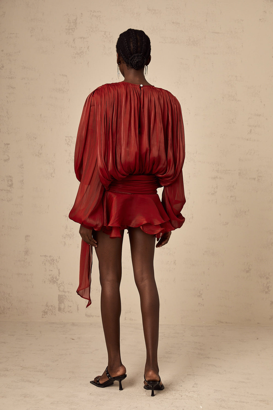 Eugénie fully-pleated ruffled mini dress in Red - Celestia Couture