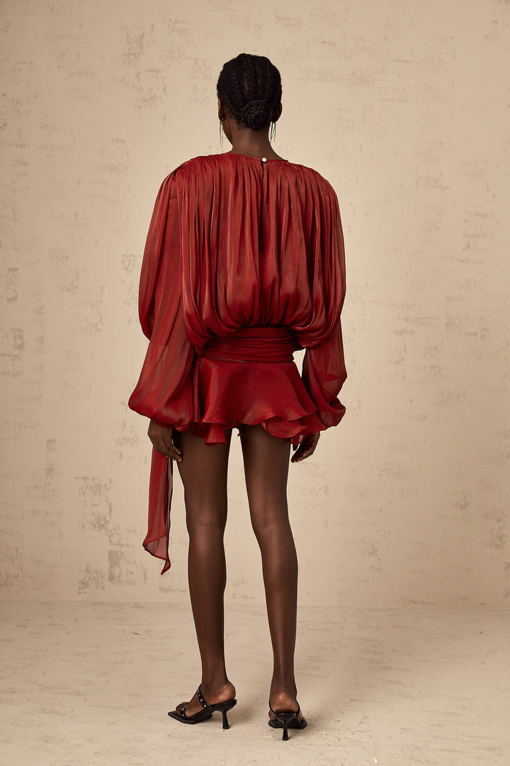 Eugénie fully-pleated ruffled mini dress in Red - Celestia Couture