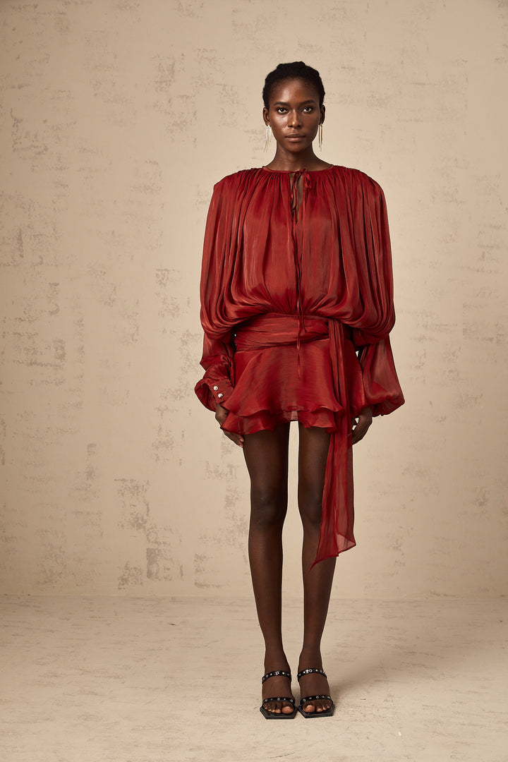 Eugénie fully-pleated ruffled mini dress in Red - Celestia Couture