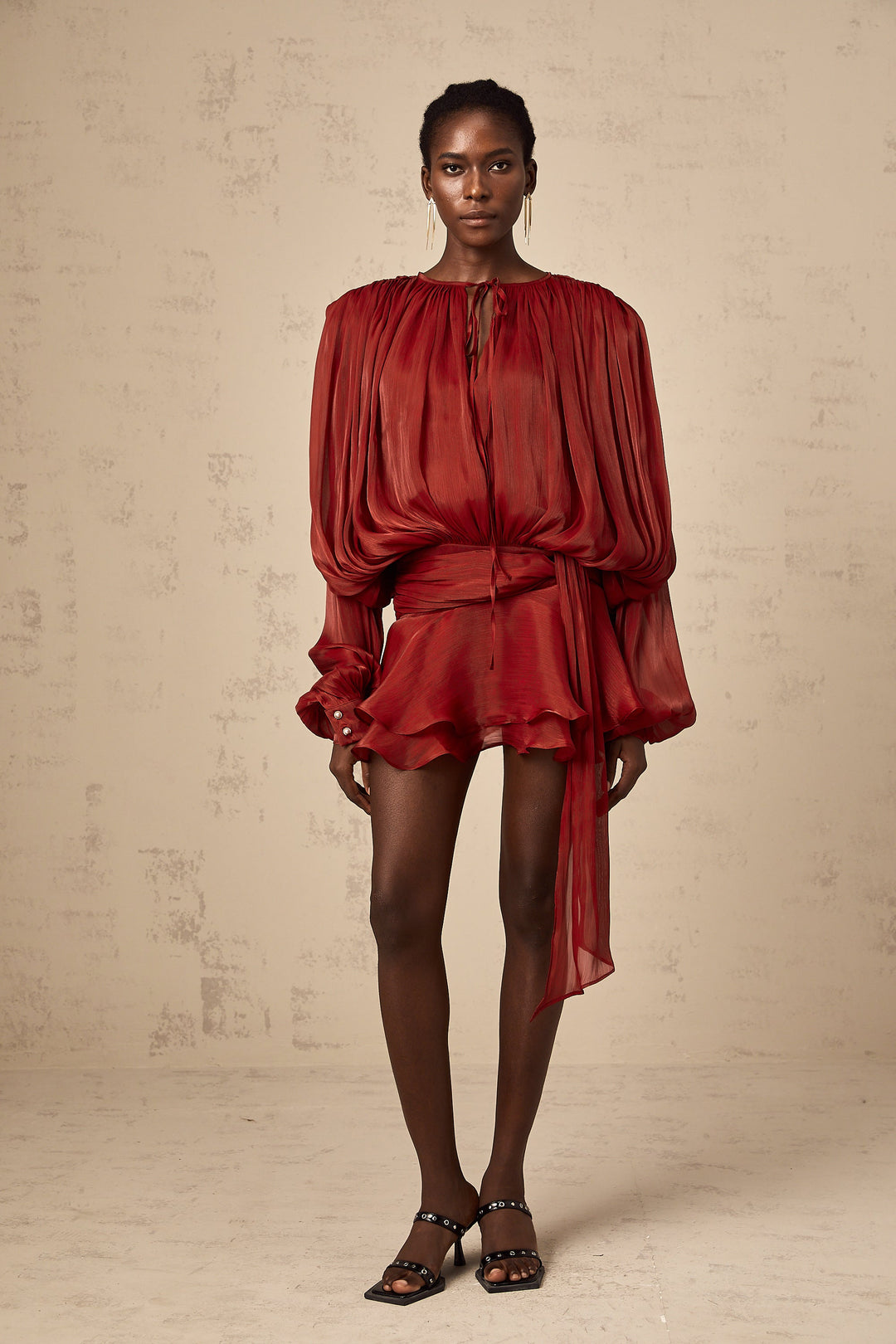 Eugénie fully-pleated ruffled mini dress in Red - Celestia Couture