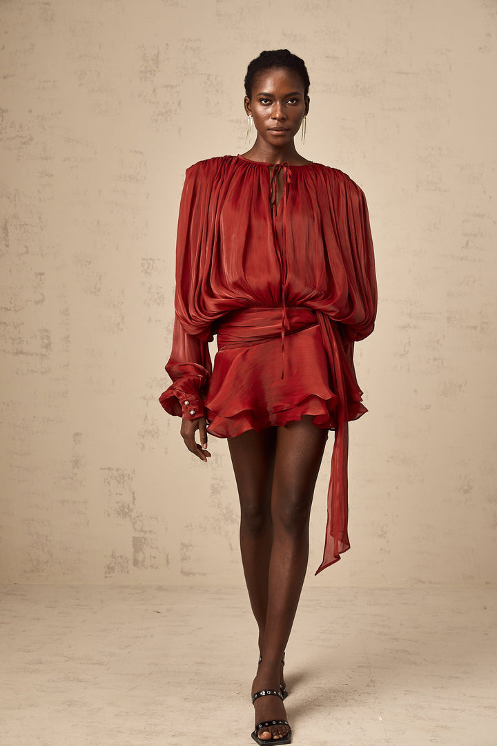 Eugénie fully-pleated ruffled mini dress in Red - Celestia Couture