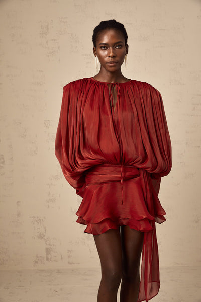 Eugénie fully-pleated ruffled mini dress in Red