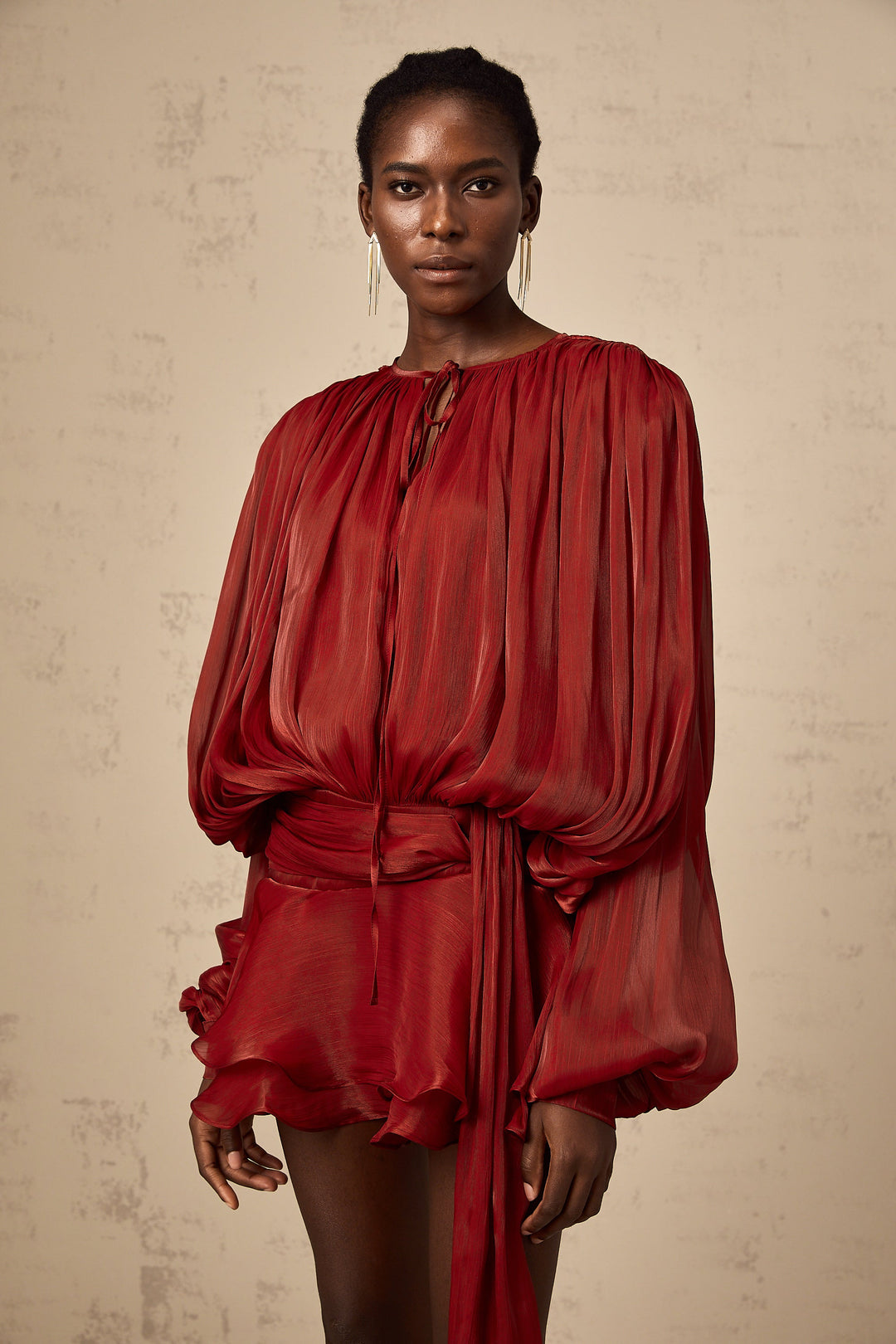 Eugénie fully-pleated ruffled mini dress in Red - Celestia Couture