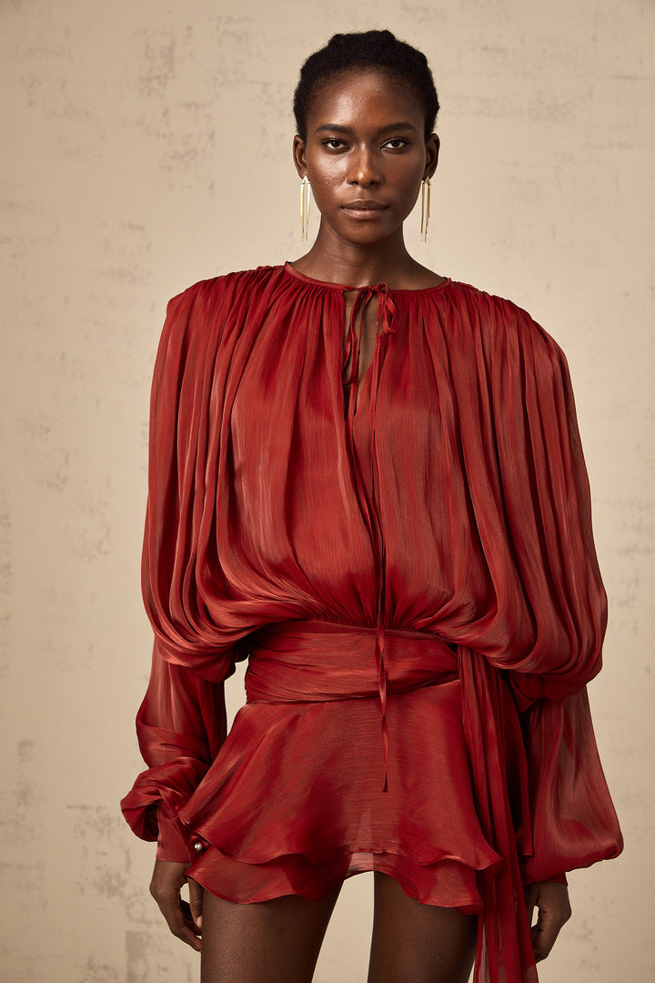 Eugénie fully-pleated ruffled mini dress in Red - Celestia Couture