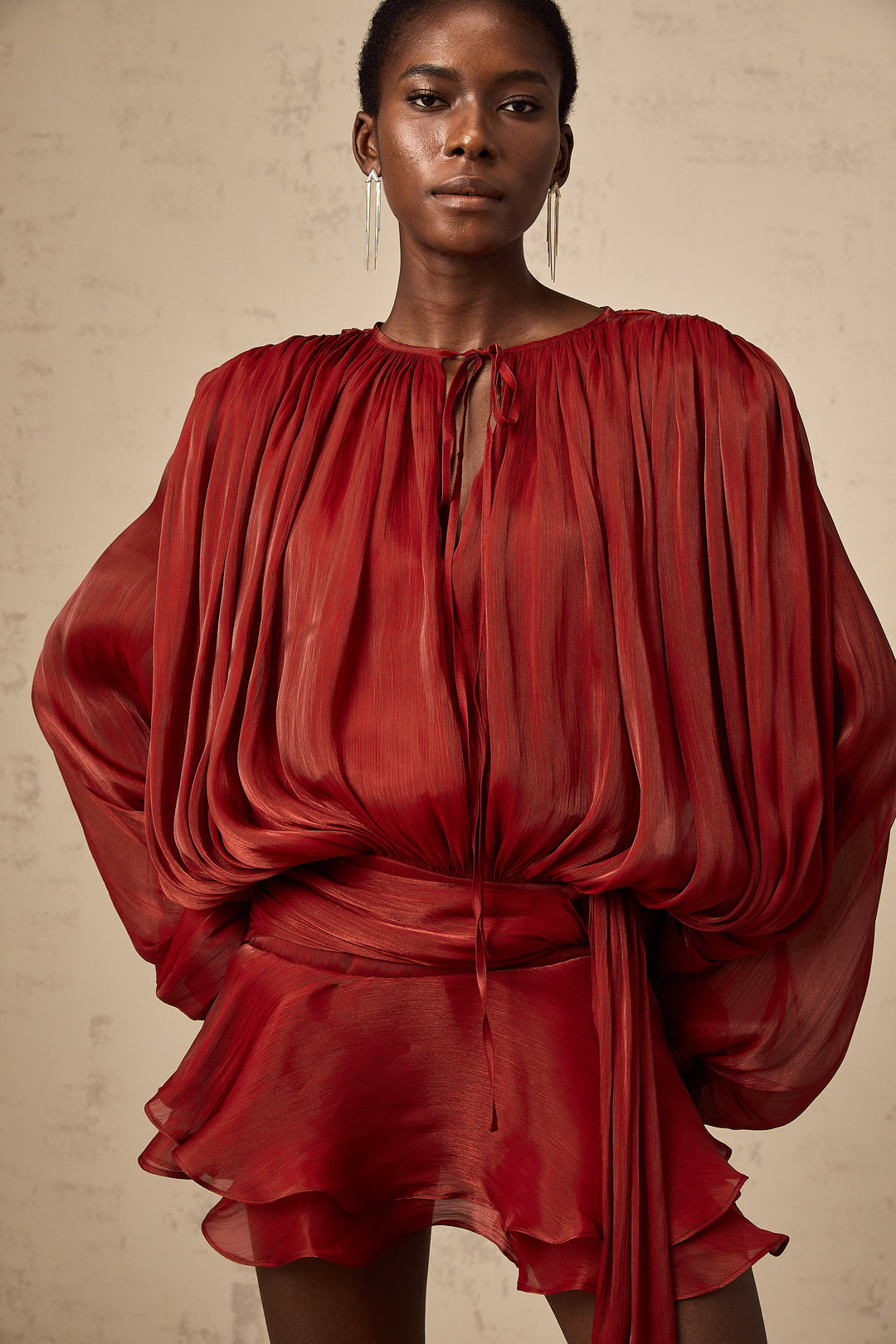 Eugénie fully-pleated ruffled mini dress in Red - Celestia Couture