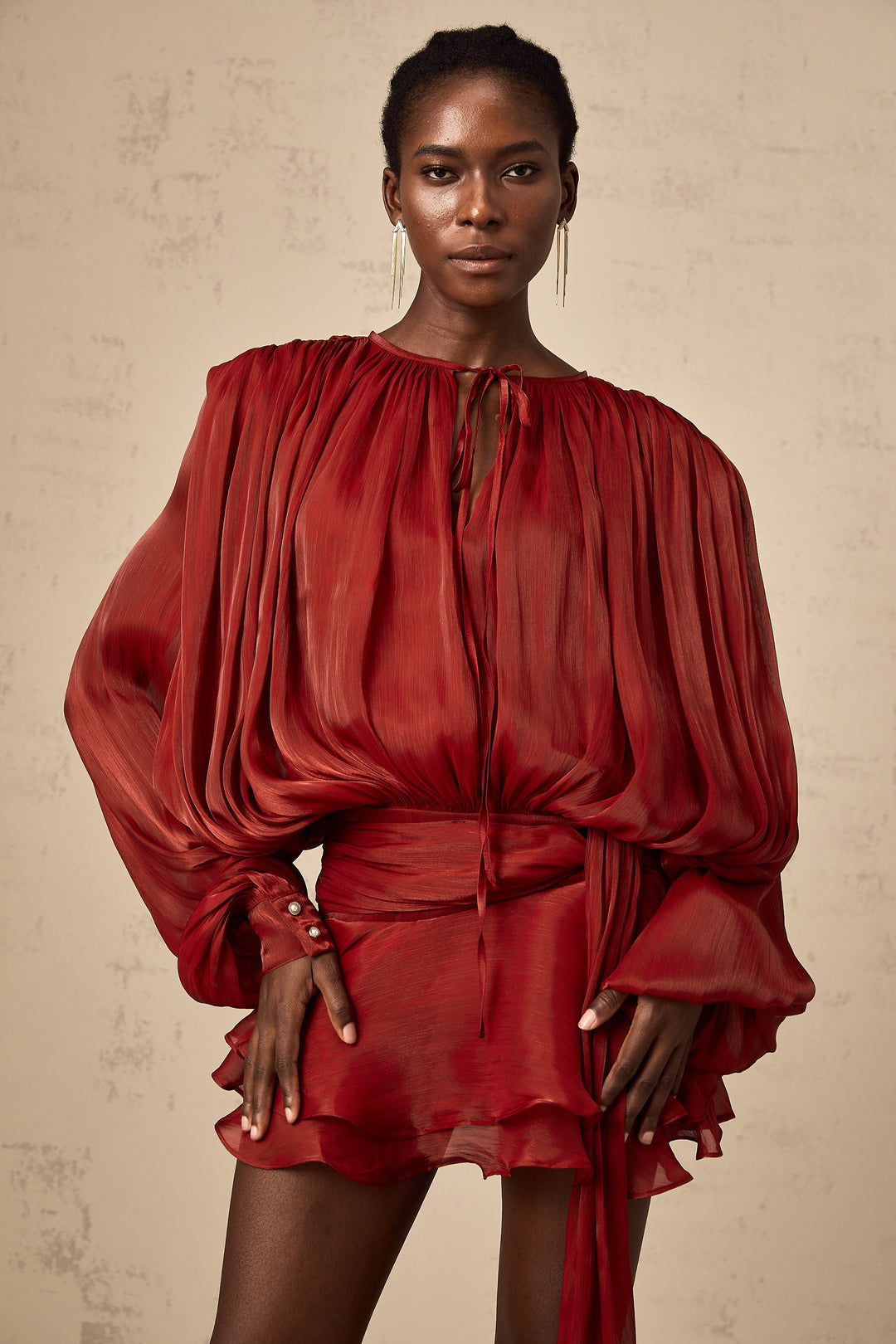 Eugénie fully-pleated ruffled mini dress in Red - Celestia Couture
