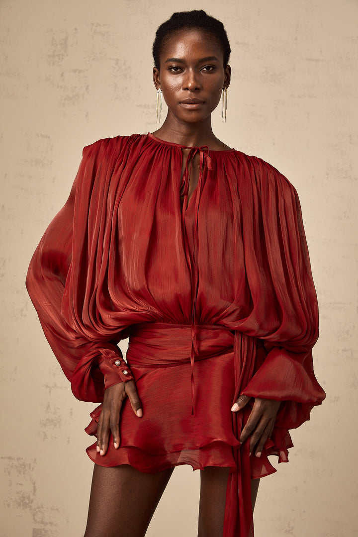 Eugénie fully-pleated ruffled mini dress in Red - Celestia Couture
