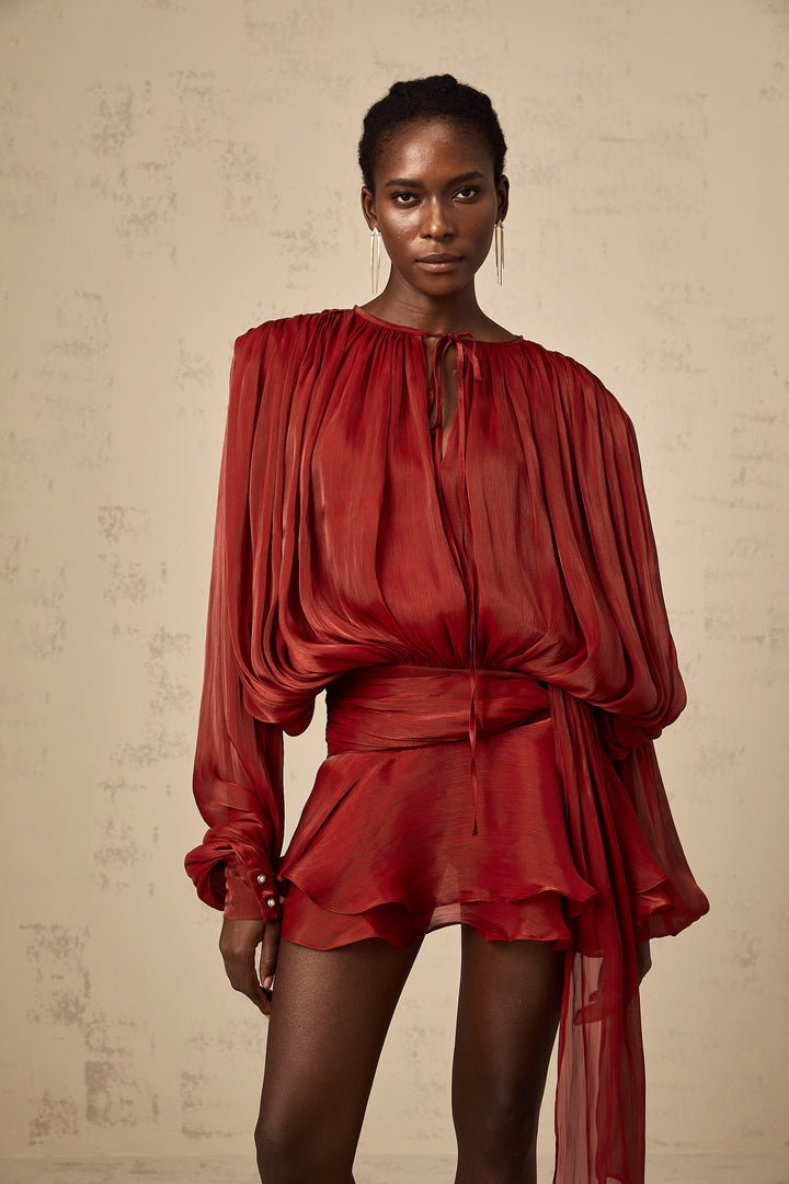Eugénie fully-pleated ruffled mini dress in Red - Celestia Couture