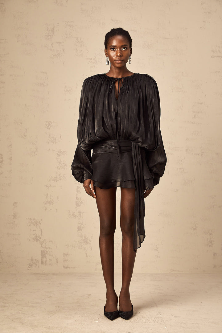 Eugénie fully-pleated ruffled mini dress in Black - Celestia Couture