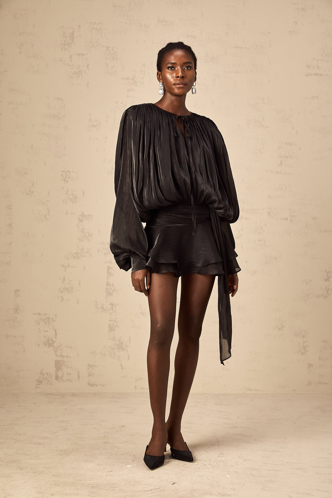 Eugénie fully-pleated ruffled mini dress in Black - Celestia Couture