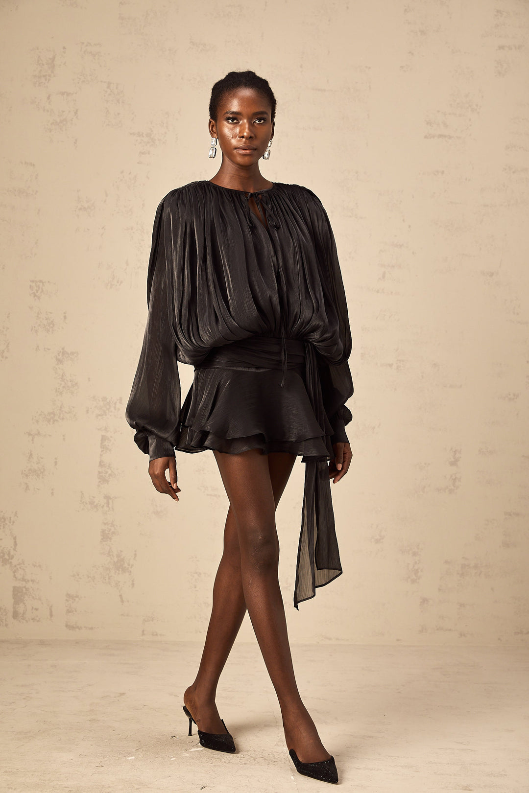 Eugénie fully-pleated ruffled mini dress in Black - Celestia Couture