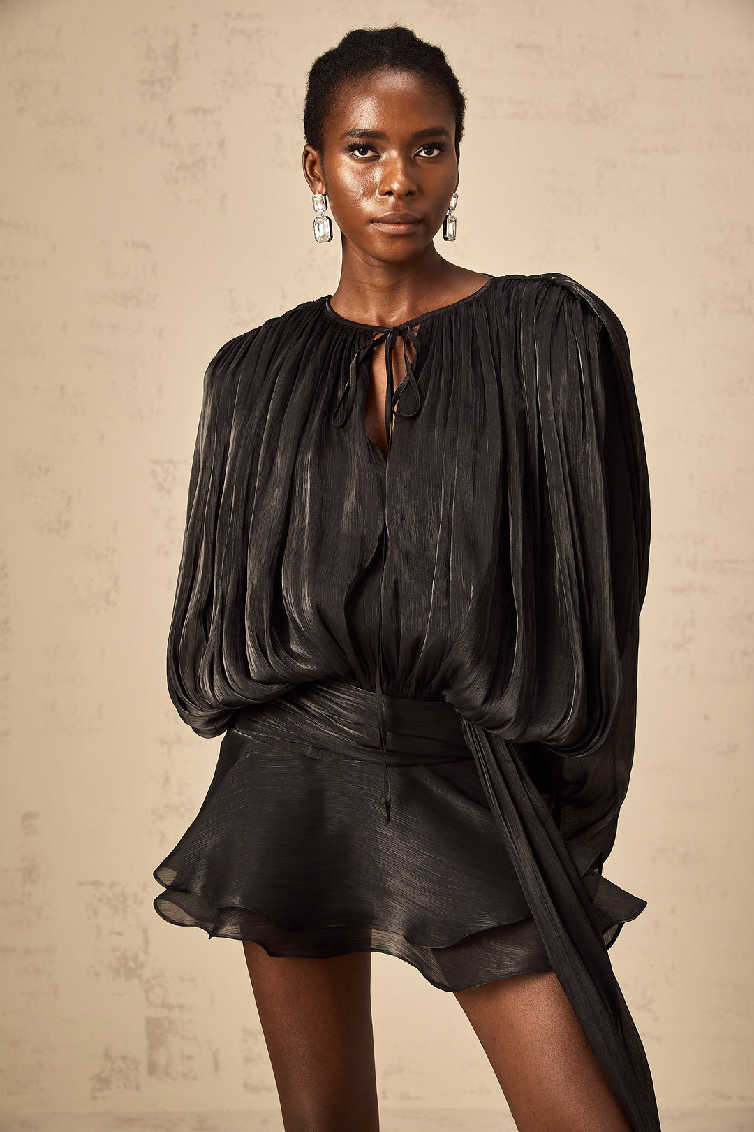 Eugénie fully-pleated ruffled mini dress in Black - Celestia Couture