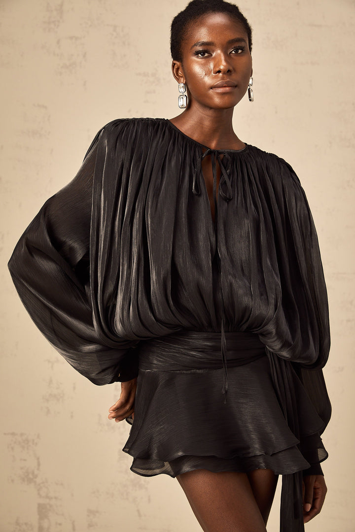 Eugénie fully-pleated ruffled mini dress in Black - Celestia Couture