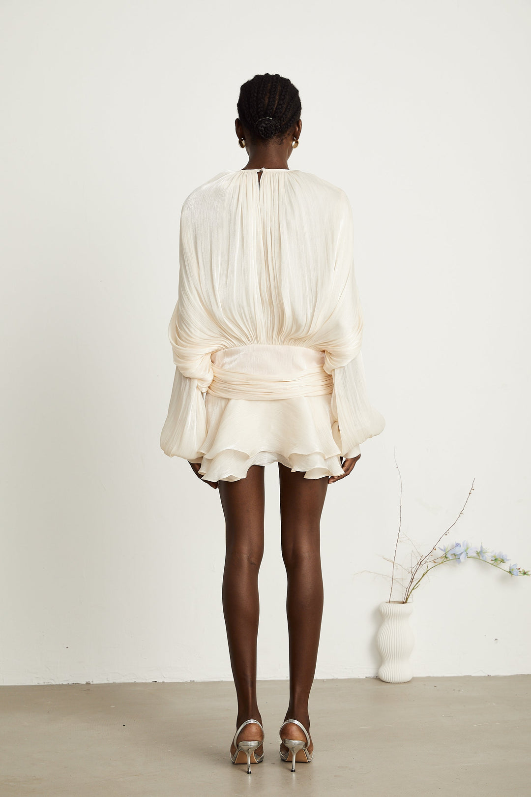 Eugénie fully-pleated ruffled mini dress in Neutrals - Celestia Couture