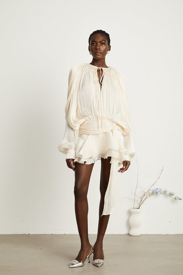 Eugénie fully-pleated ruffled mini dress in Neutrals - Celestia Couture