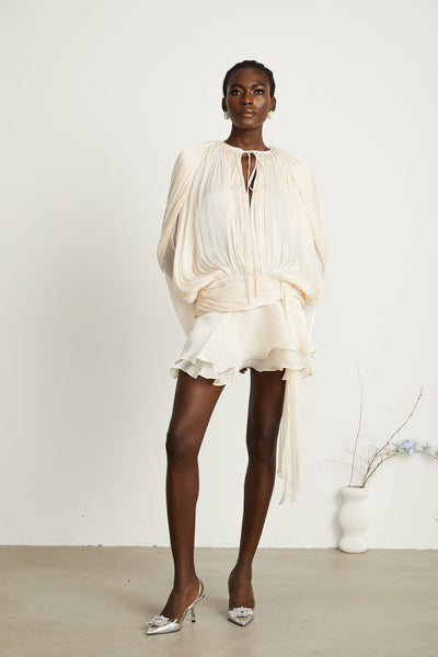 Eugénie fully-pleated ruffled mini dress in Neutrals