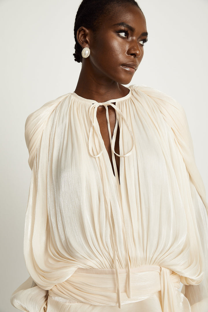 Eugénie fully-pleated ruffled mini dress in Neutrals - Celestia Couture