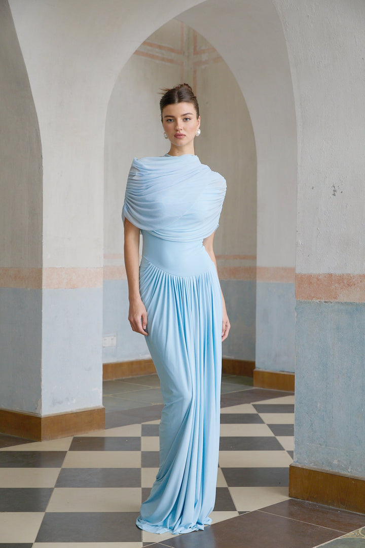 Fenolla asymmetrical draped cape &amp; dress matching set - Celestia Couture