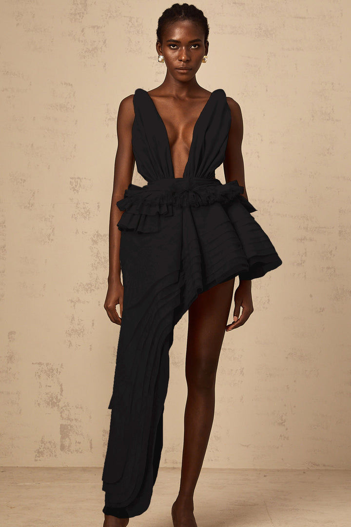 Isoline ribbon-design asymmetrical mini dress in Black