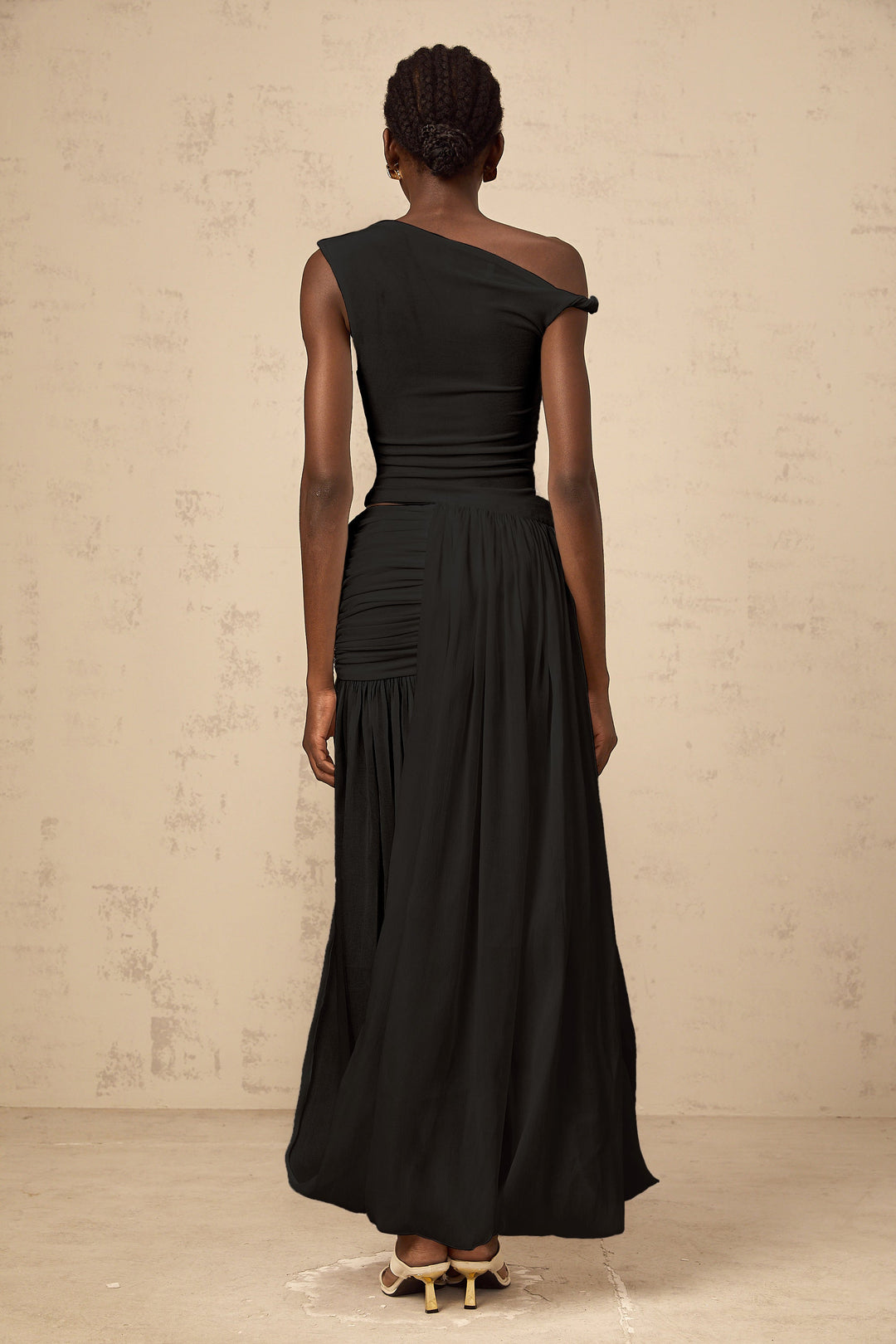 Eugenie mono-shoulder shirred-panel maxi dress in Black - Celestia Couture