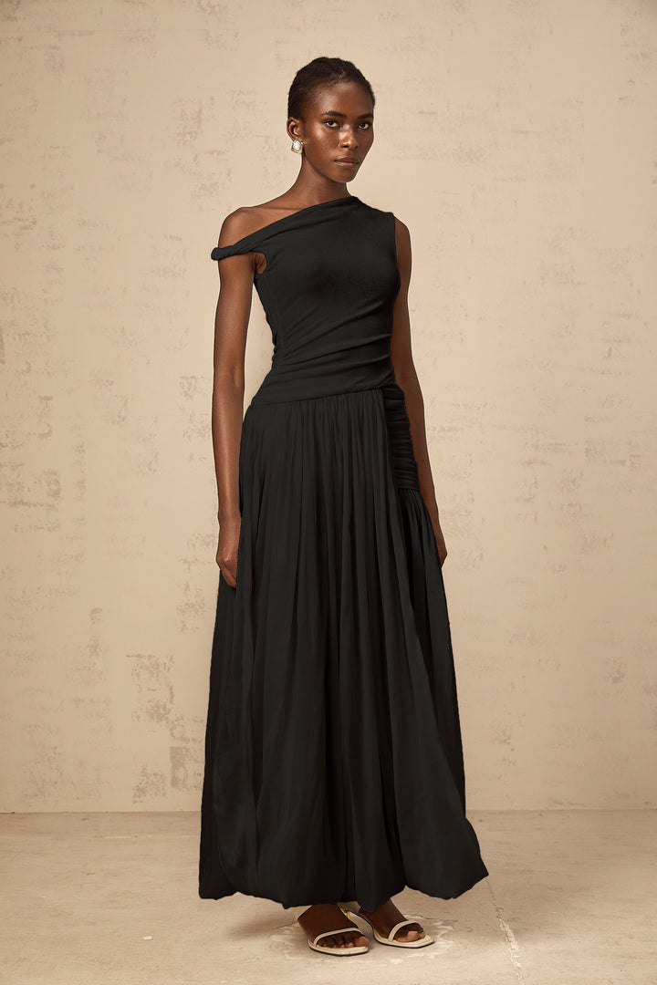 Eugenie mono-shoulder shirred-panel maxi dress in Black - Celestia Couture