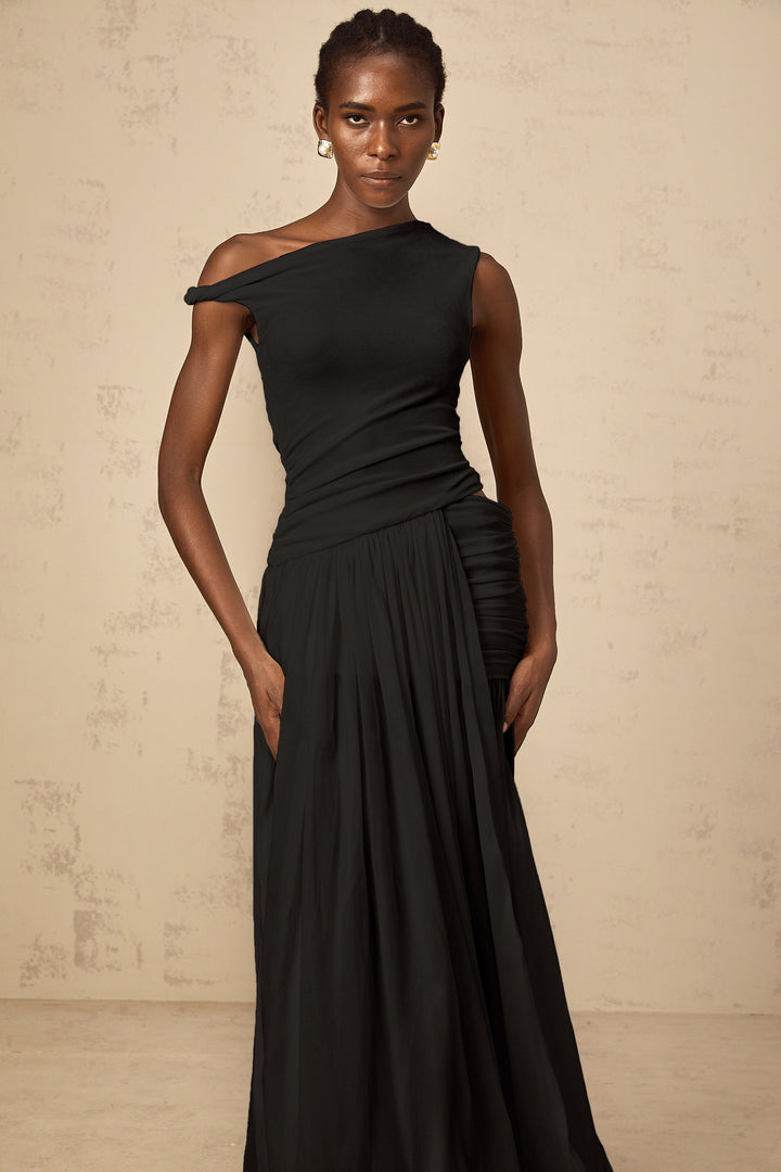 Eugenie mono-shoulder shirred-panel maxi dress in Black - Celestia Couture