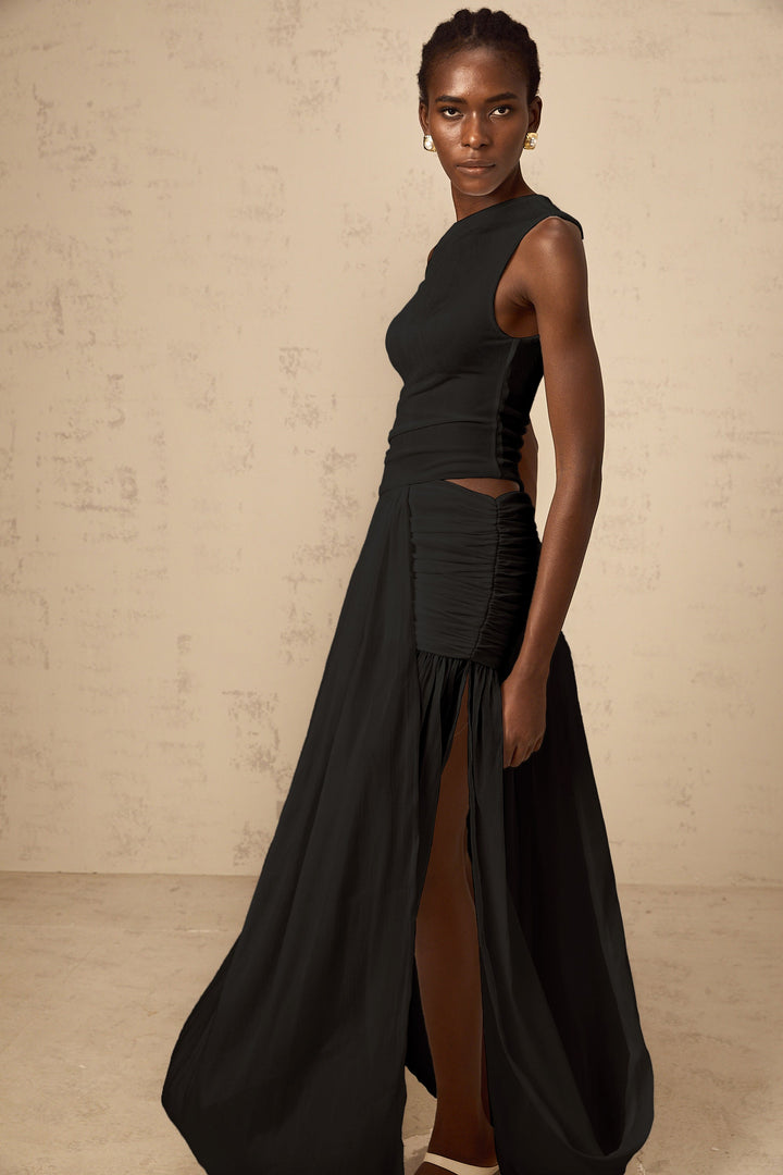 Eugenie mono-shoulder shirred-panel maxi dress in Black - Celestia Couture