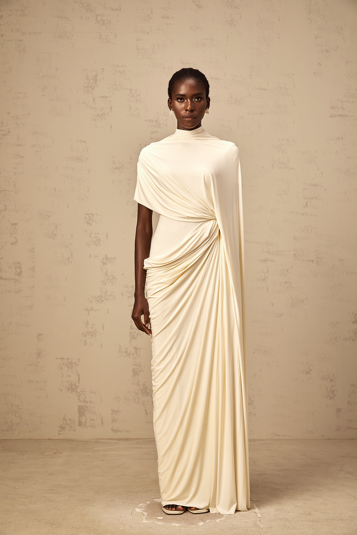 Fenolla asymmetrical draped cape &amp; dress matching set - Celestia Couture