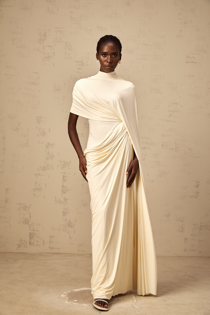 Fenolla asymmetrical draped cape &amp; dress matching set - Celestia Couture