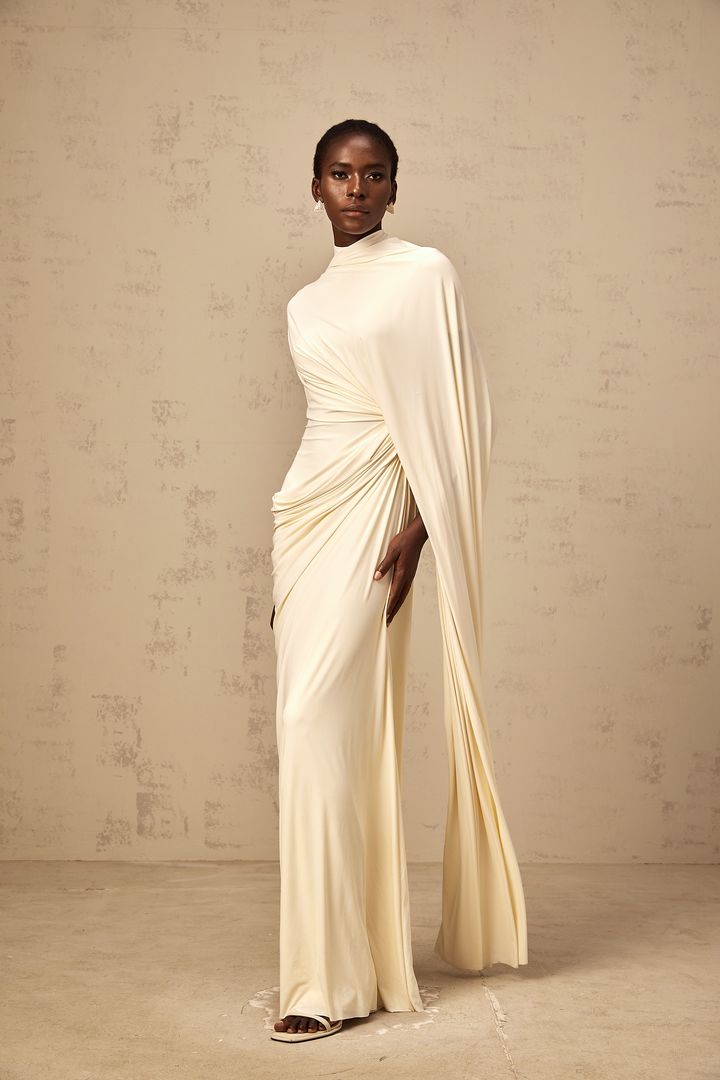Fenolla asymmetrical draped cape &amp; dress matching set - Celestia Couture