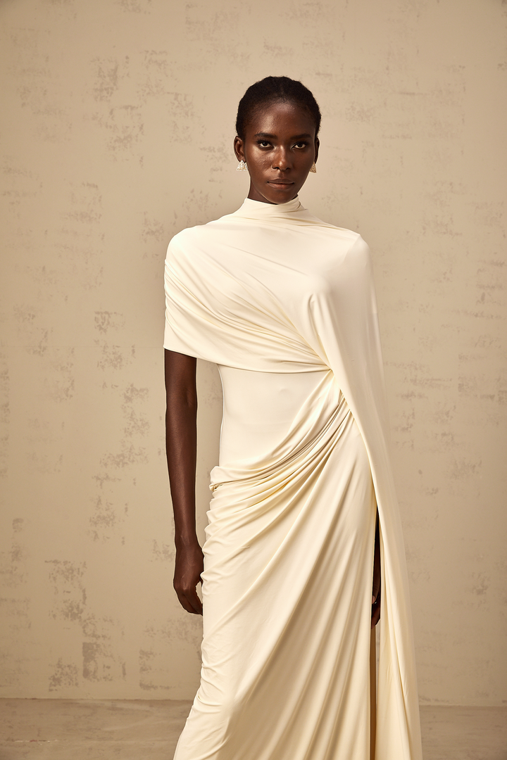 Fenolla asymmetrical draped cape &amp; dress matching set - Celestia Couture