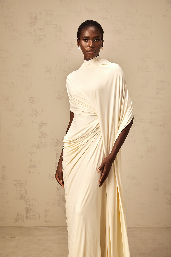 Fenolla asymmetrical draped cape &amp; dress matching set - Celestia Couture