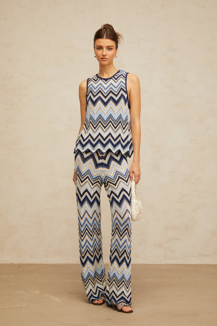 Irina blue zigzag-woven pointelle-knit top &amp; trousers matching set - Celestia Couture