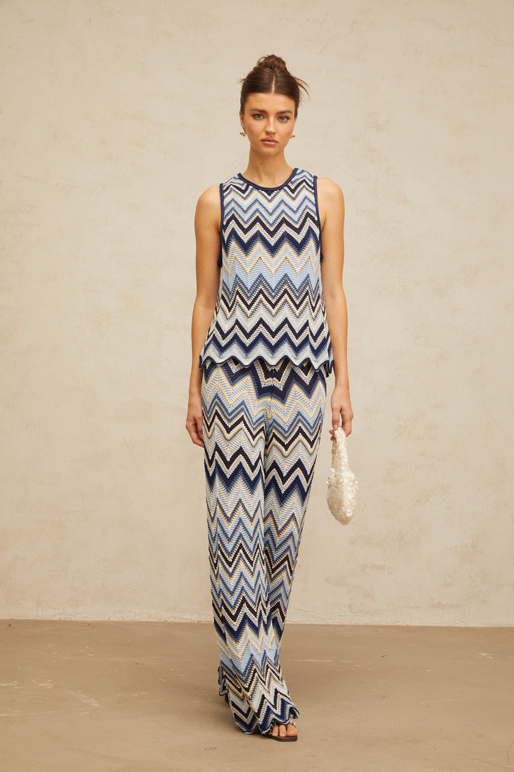 Irina blue zigzag-woven pointelle-knit top &amp; trousers matching set - Celestia Couture