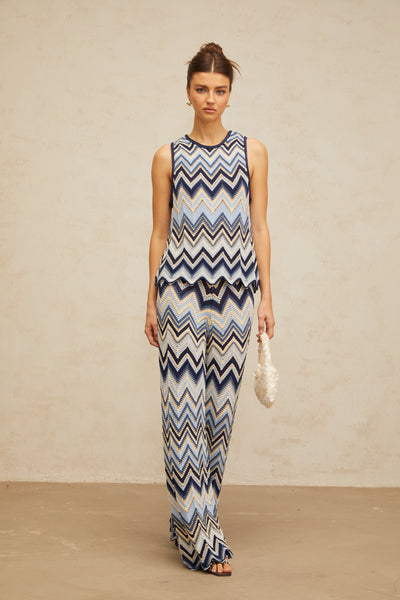 Irina blue zigzag-woven pointelle-knit top & trousers matching set