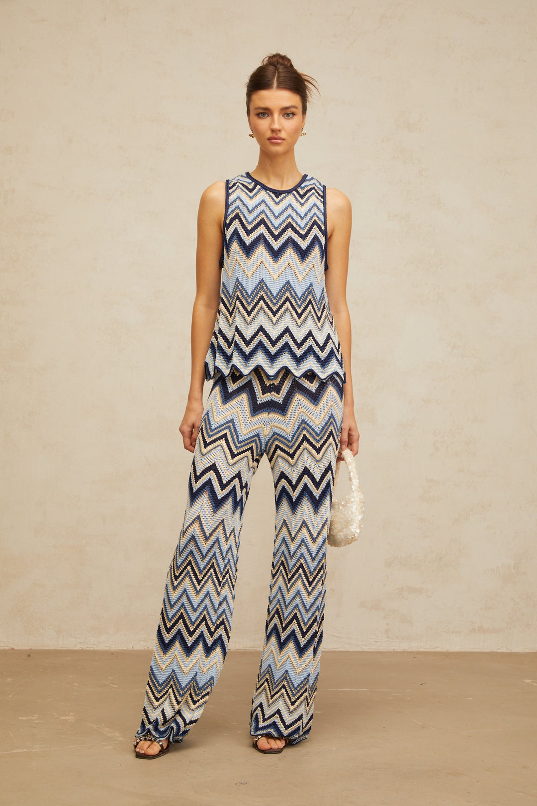 Irina blue zigzag-woven pointelle-knit top &amp; trousers matching set - Celestia Couture