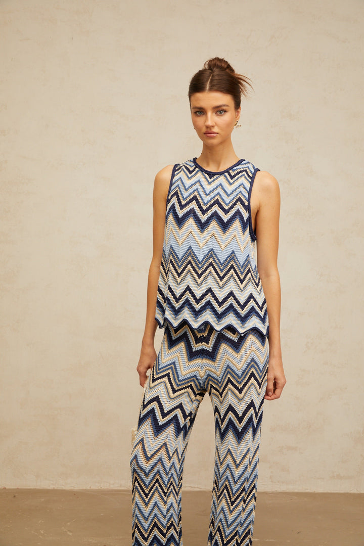 Irina blue zigzag-woven pointelle-knit top &amp; trousers matching set - Celestia Couture