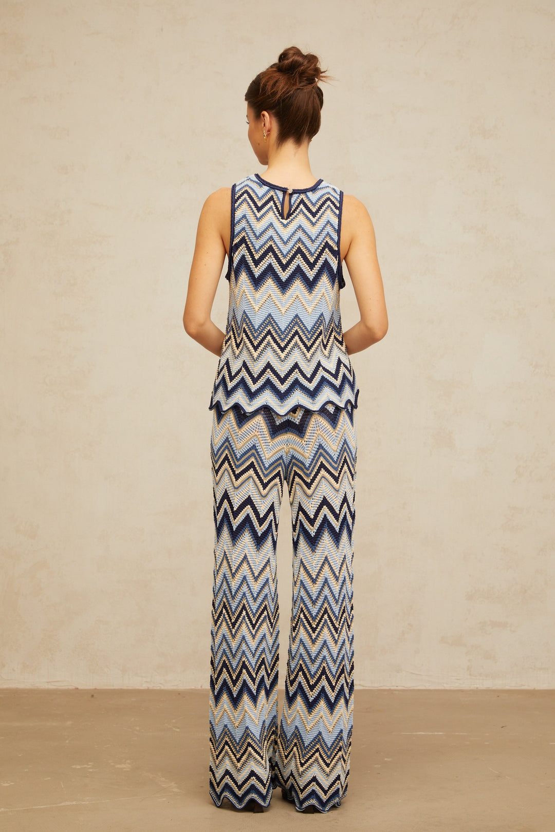 Irina blue zigzag-woven pointelle-knit top &amp; trousers matching set - Celestia Couture