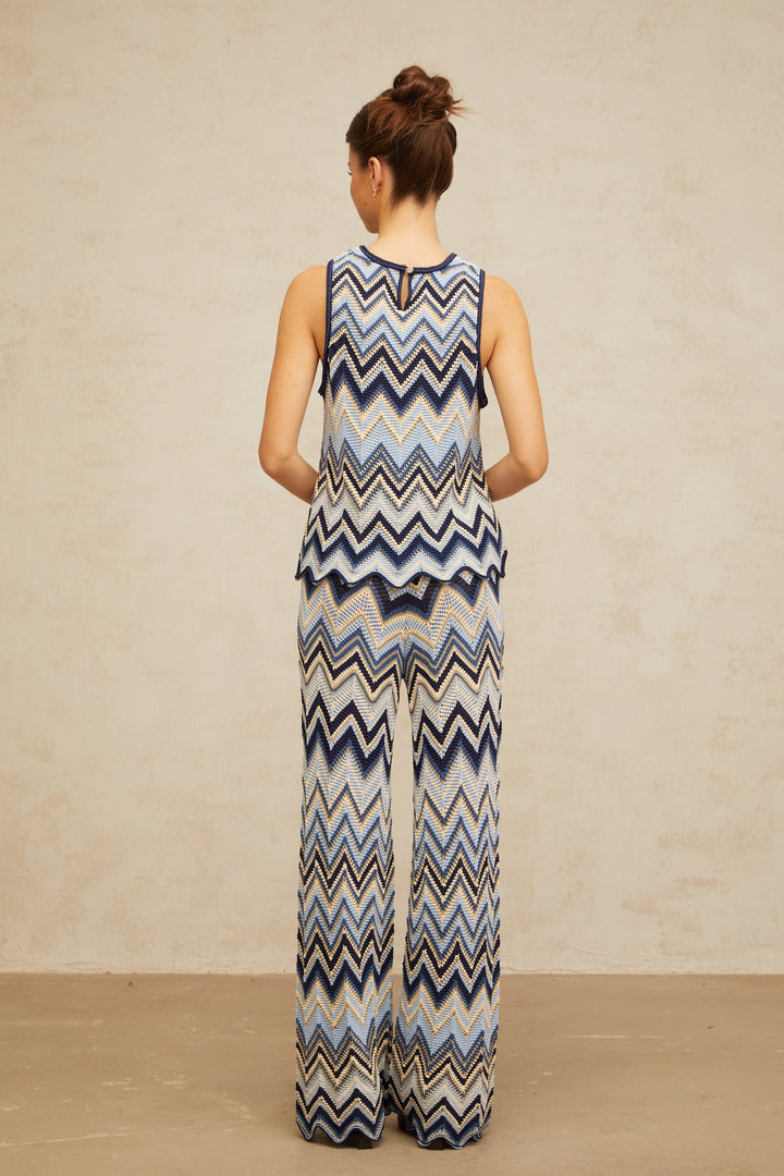 Irina blue zigzag-woven pointelle-knit top &amp; trousers matching set - Celestia Couture