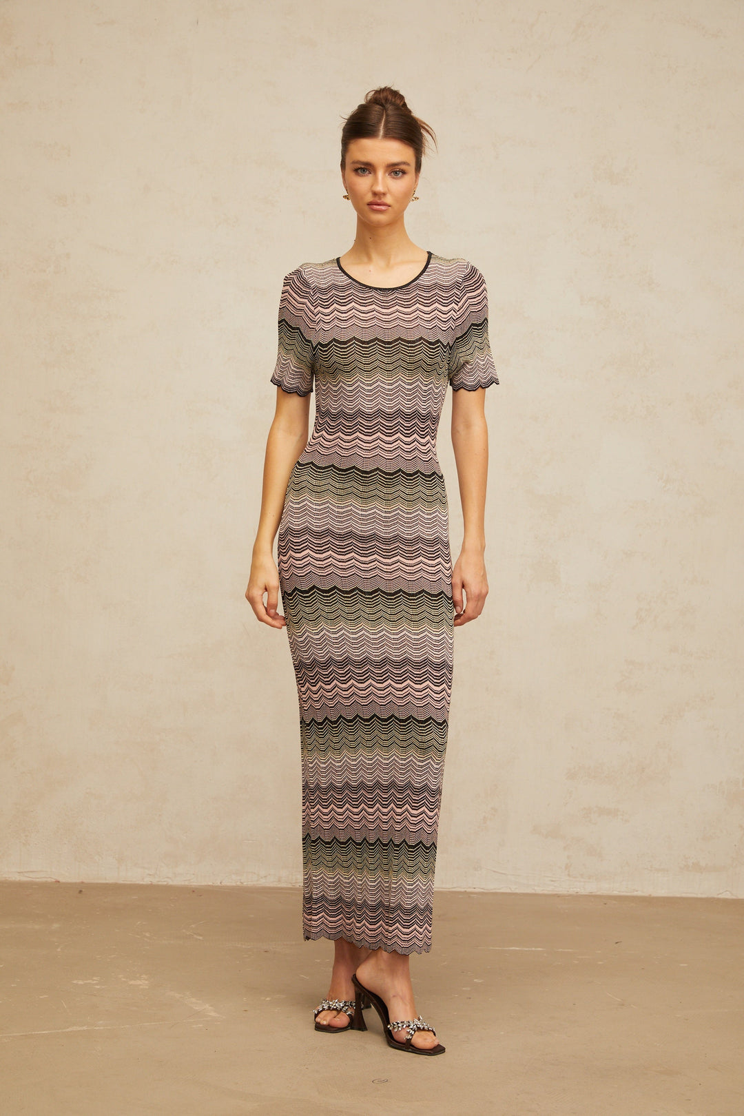 Louane pink wavy-crochet knit maxi dress - Celestia Couture