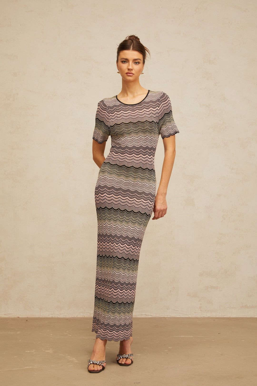 Louane pink wavy-crochet knit maxi dress - Celestia Couture