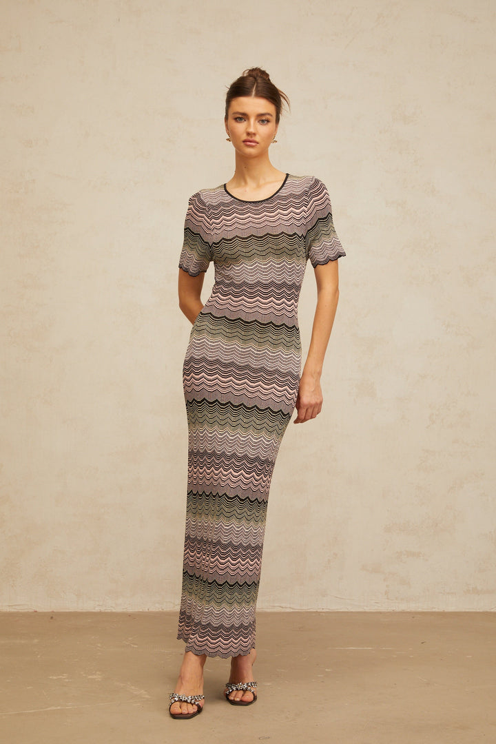 Louane pink wavy-crochet knit maxi dress - Celestia Couture