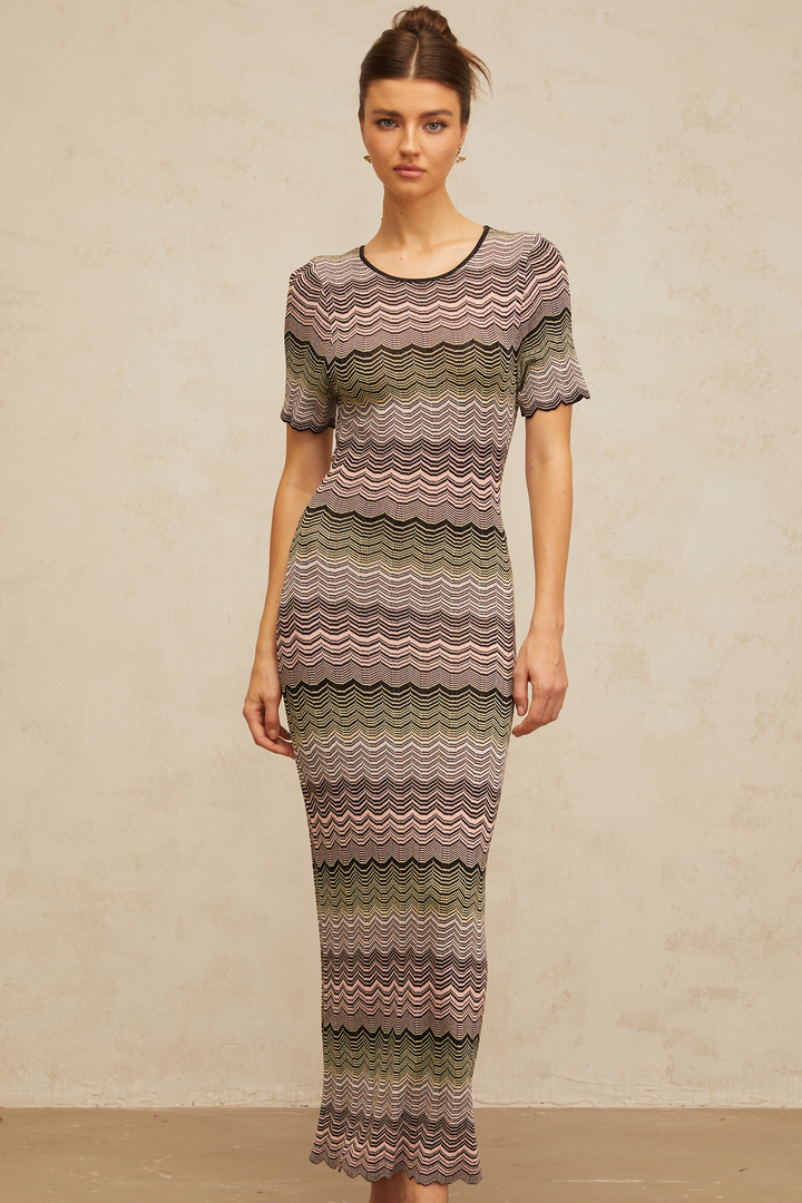 Louane pink wavy-crochet knit maxi dress - Celestia Couture