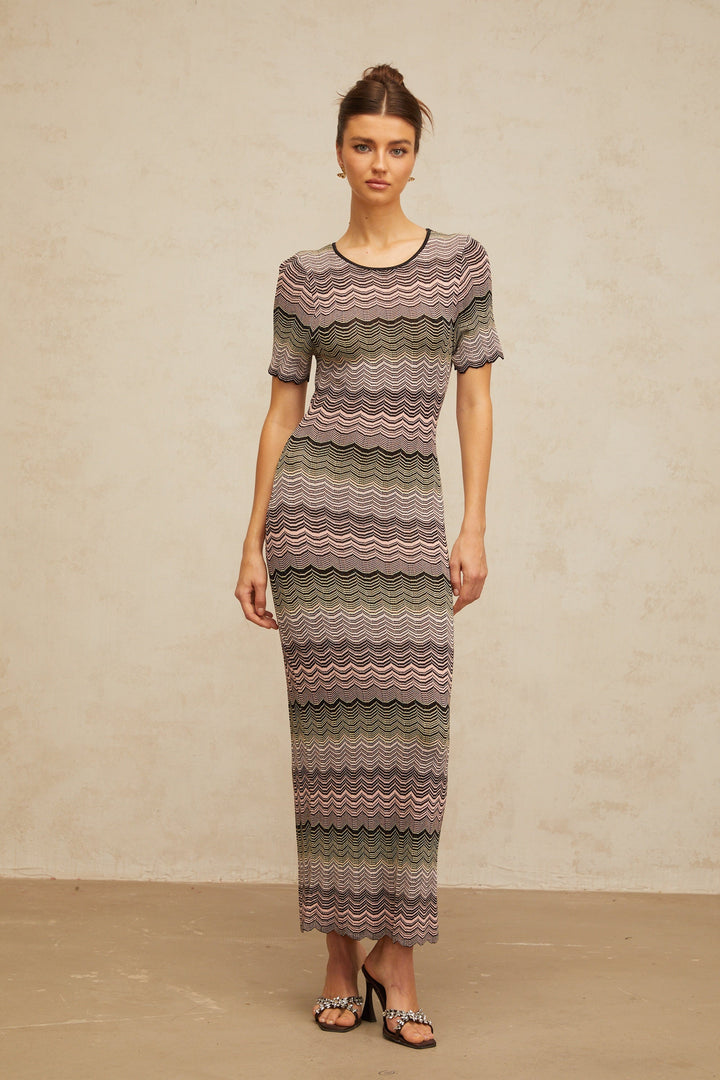 Louane pink wavy-crochet knit maxi dress - Celestia Couture