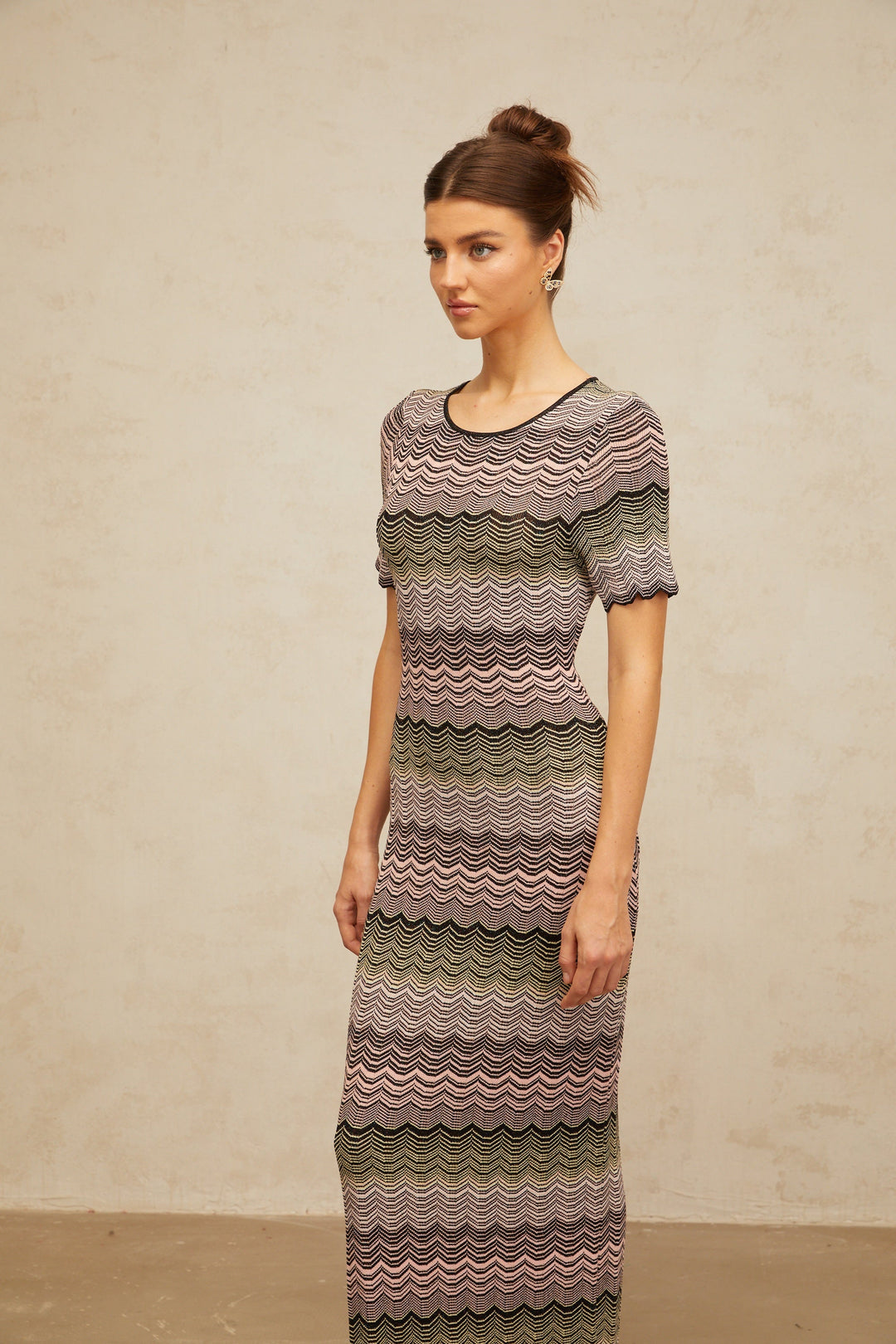 Louane pink wavy-crochet knit maxi dress - Celestia Couture