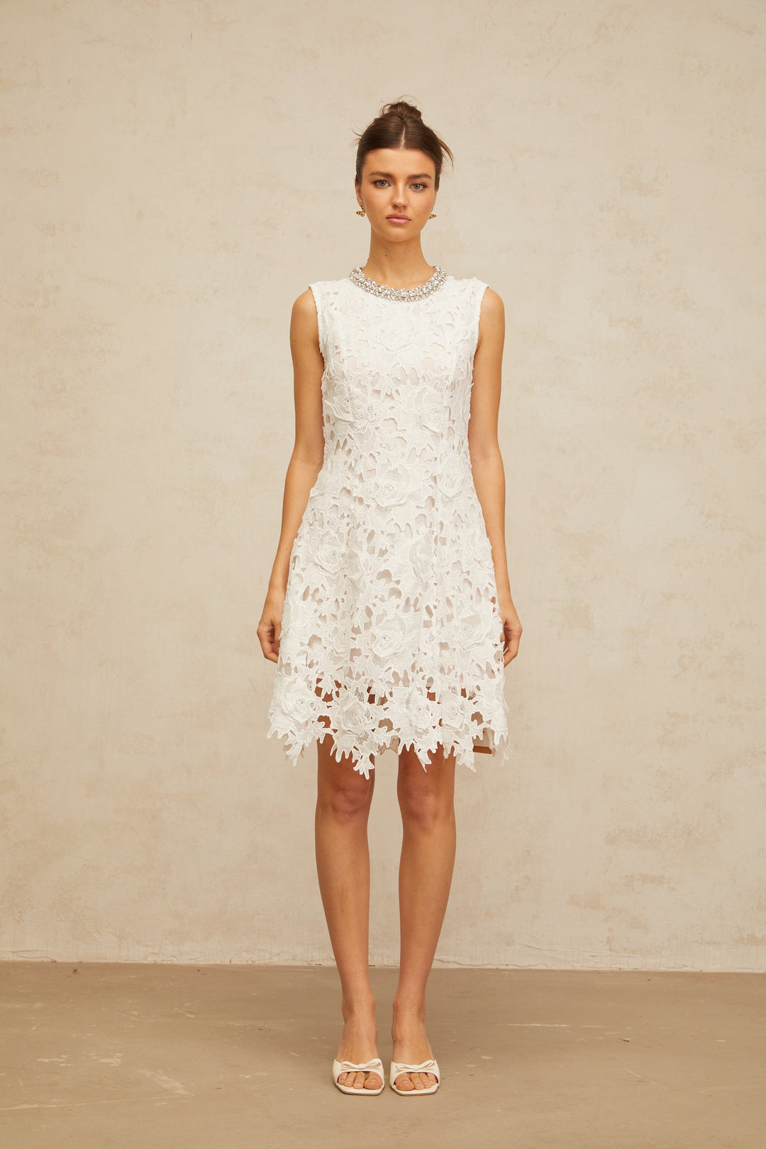 Nolwenn white embellished corded-lace mini dress - Celestia Couture