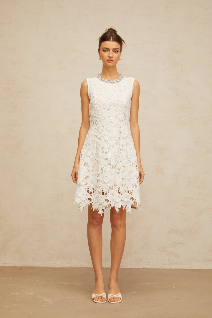 Nolwenn white embellished corded-lace mini dress - Celestia Couture