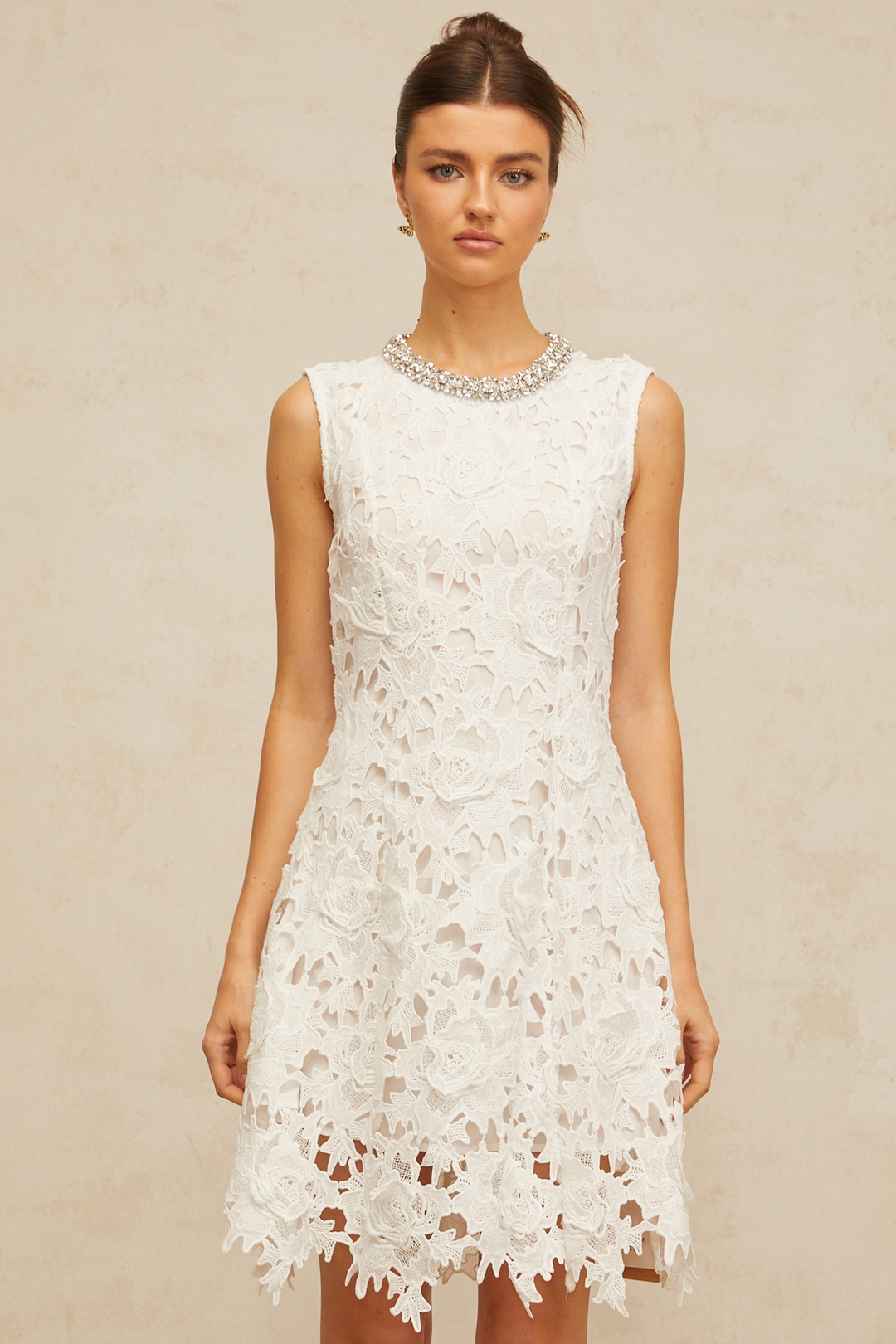 Nolwenn white embellished corded-lace mini dress - Celestia Couture